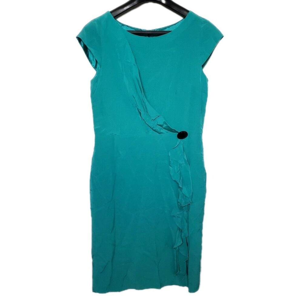 Bigio Collection Teal Blue Pure Silk Dress Waist Gem Quiet Luxury Classic Size 6